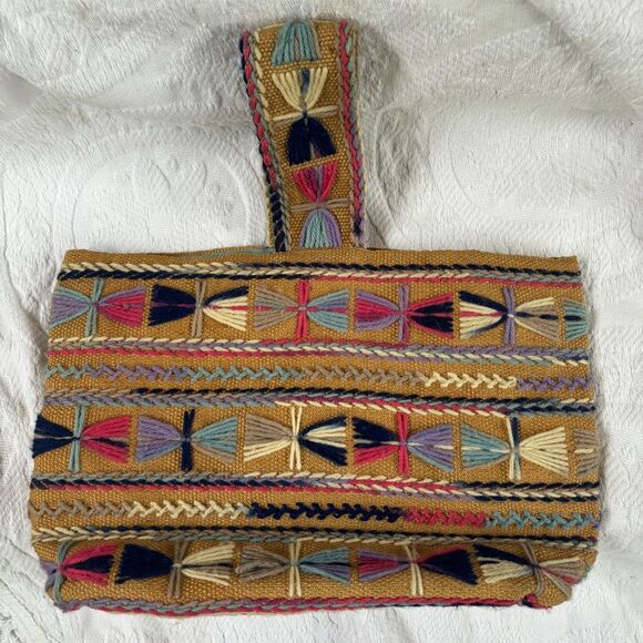 Vintage 70s Wool EMBROIDERED BURLAP TOTE Bag Craft Kit - Picture 1 of 5